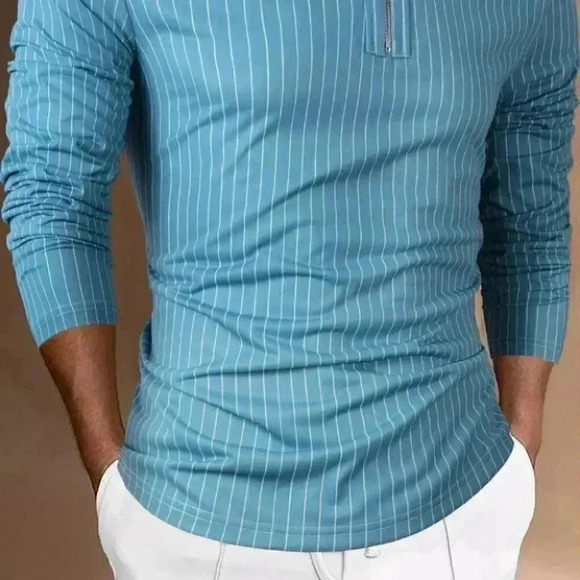 Blue Mens Striped Zip Up Polo - Picture 2 of 7